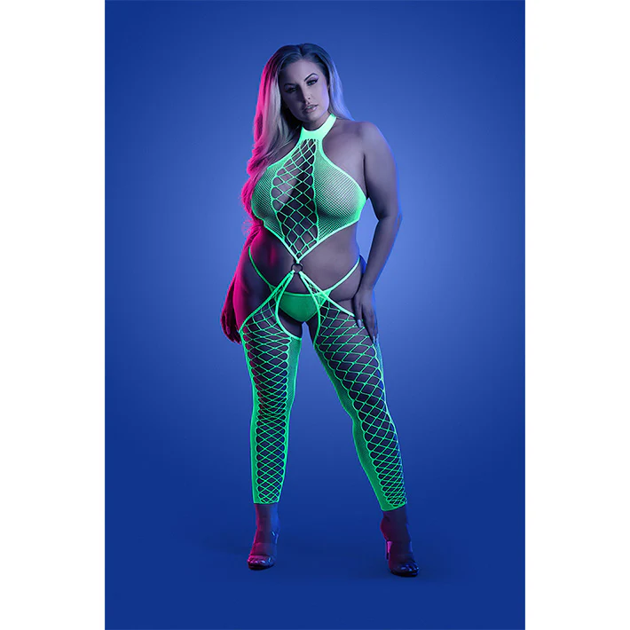 Glow High Voltage High Neck Bodystocking & G-String