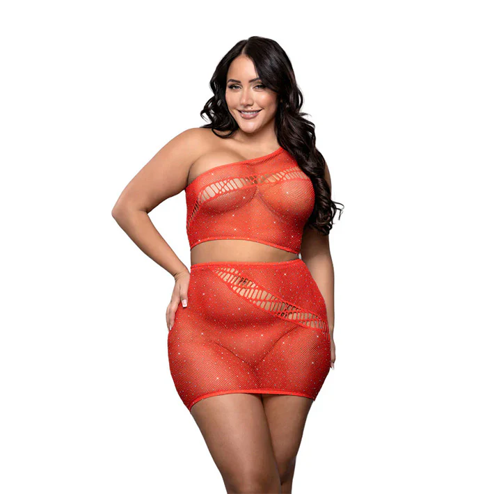 Set The Tone Rhinestone Bodystocking Top & Skirt Set