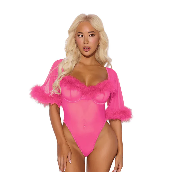 Marilyn Mesh & Marabou Trim Bell Sleeved Teddy